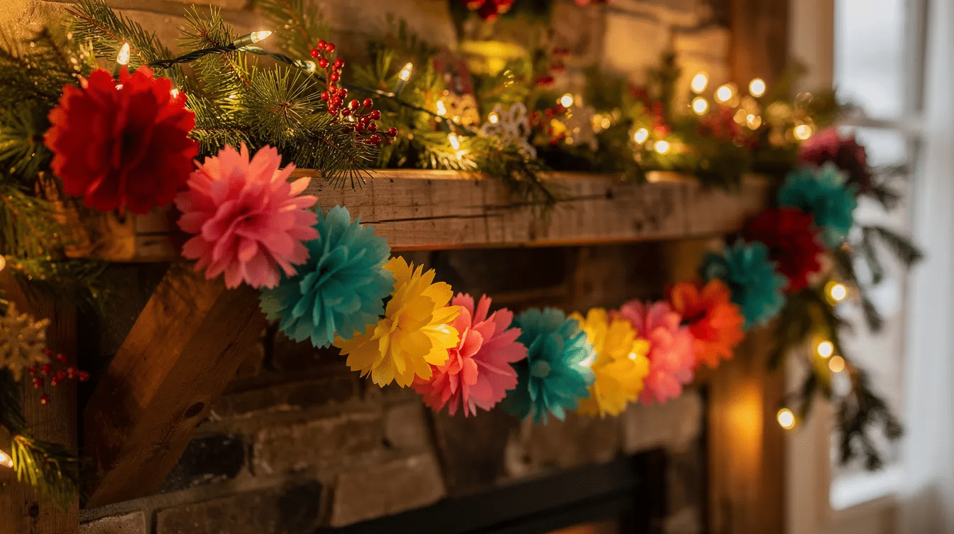 3596a790-f92d-4157-84db-8030b97992ea A vibrant garland made of colorful tissue paper flowers is elegantly draped across a wooden mantel, adorned with lush holiday greenery and twinkling string lights, creating a festive atmosphere perfect for the holiday season. This charming decoration adds a creative touch to any home, making it ideal for Christmas crafts and DIY gifts.