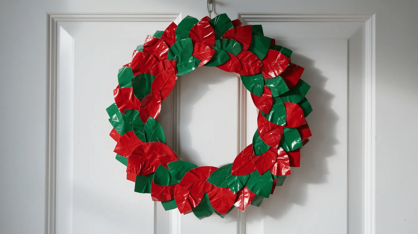 359a9268-e521-45b7-a10c-afd9a9f3acbc A vibrant duct tape wreath in red and green leaf shapes is beautifully displayed hanging on a white interior door, showcasing an unconventional DIY design perfect for the holidays. The wreath features layers of folded tape arranged in the same direction, creating a fun and festive pattern.