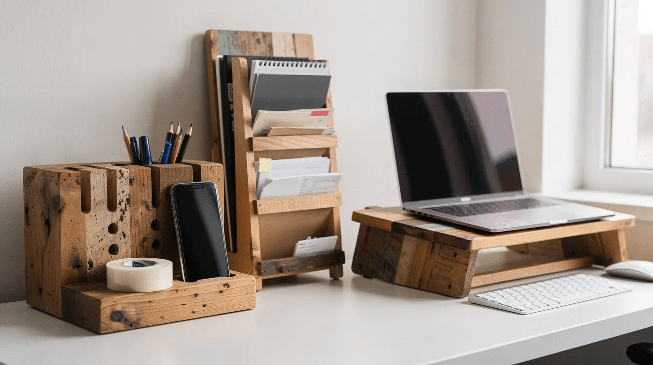 360215c6-396e-4be9-87e3-8fdb0ca027bd The image features a collection of DIY desk organizers made from scrap wood, showcasing various designs that include slots for pencils, a shelf for tape, and a ledge for a phone, all aimed at maximizing desk space. These wooden organizers demonstrate creative ways to hold office supplies while adding a stylish touch to the workspace.