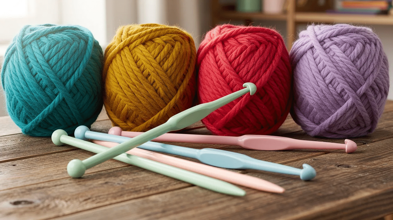 361dad20-ad16-4182-9ce7-8b64ba341a25 The image features an array of colorful chunky yarn balls neatly arranged on a wooden table, accompanied by large plastic needles, perfect for starting cross stitch projects. This vibrant display of yarn and tools highlights the essential materials for creating beautiful cross stitch patterns and art.