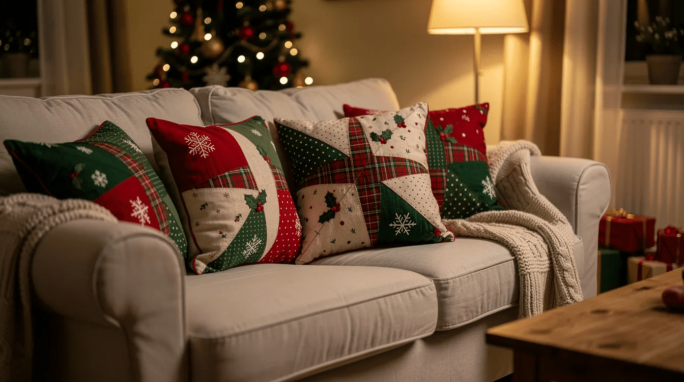 362481e9-da83-4597-8358-092306d12197 A cozy living room features a sofa adorned with colorful patchwork Christmas cushions in vibrant red, green, and cream fabrics, creating a warm and festive atmosphere perfect for the holiday season. The cushions showcase various patterns and prints, adding a fun and inviting touch to the space.