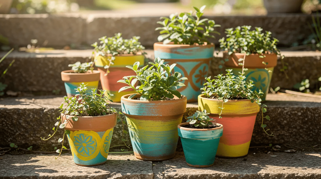 36c8f525-ea99-45b9-902e-50370a793d17 Brightly painted terracotta garden pots are arranged on a garden step, each pot showcasing small green plants thriving within them. The handmade clay pots feature smooth textures and vibrant colors, adding a lively touch to the outdoor setting.
