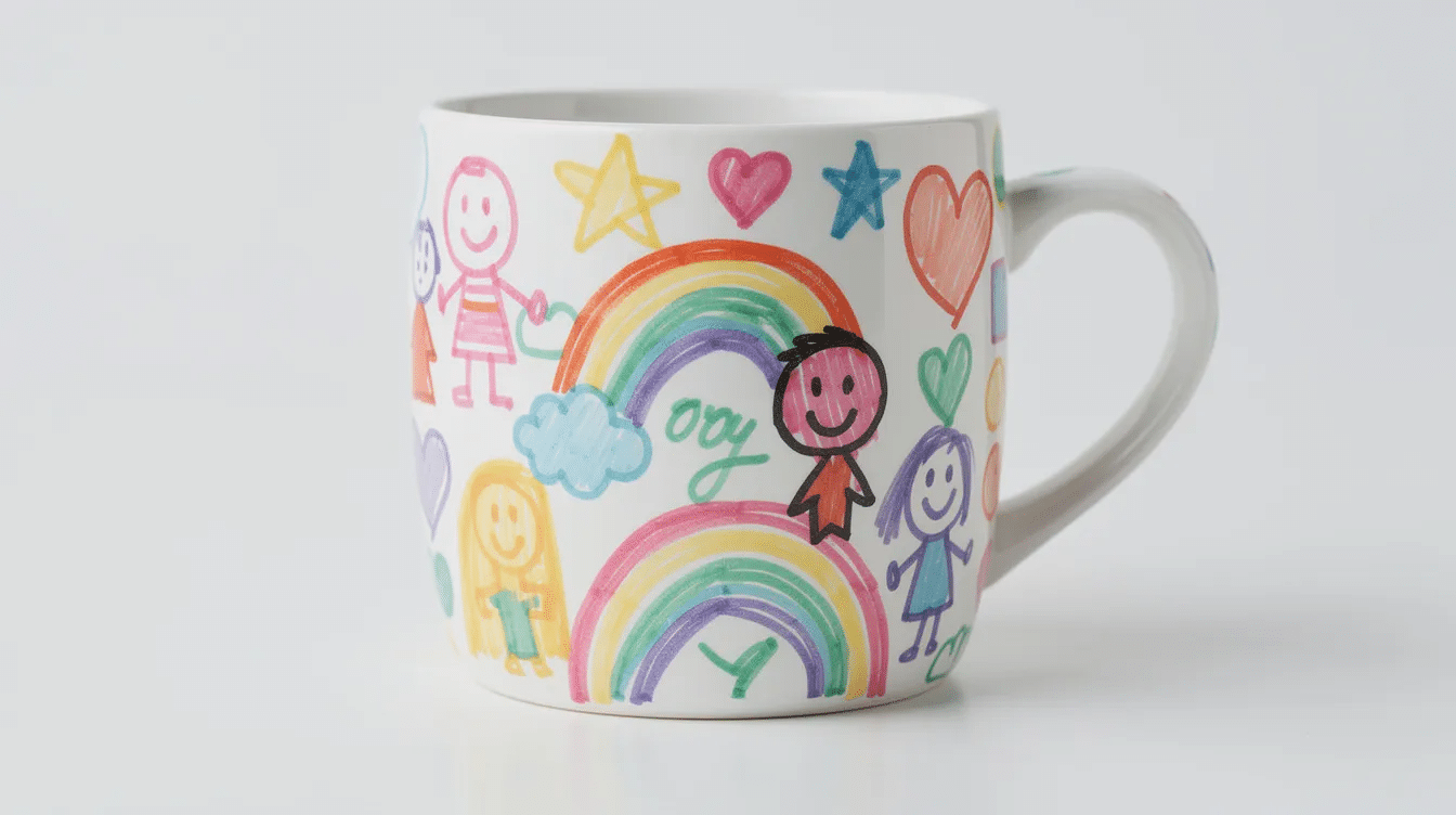 37dfcf1d-6bad-4d52-ad05-3cbefde3e42e The image features a colorful DIY sharpie mug, decorated with playful designs created using oil-based sharpies and permanent markers. This cute ceramic mug showcases a fun project that kids can enjoy, making it an awesome gift idea for family members.