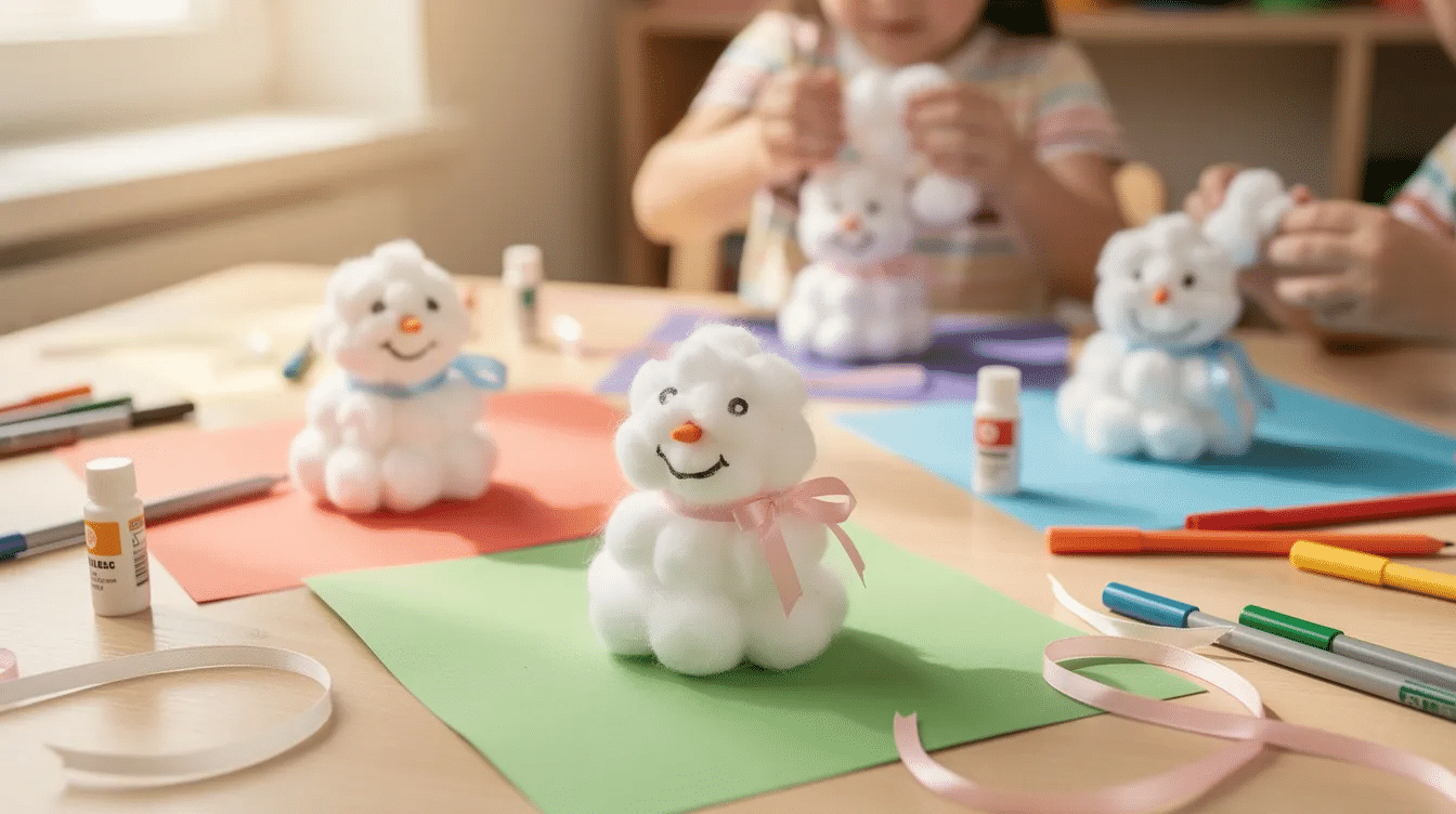 38053cdb-13ca-49e1-83ee-378955023cca The image features adorable cotton ball snowmen, each crafted with fluffy cotton balls glued onto paper, complete with marker faces and colorful ribbon scarves. This easy Christmas craft is perfect for young kids, providing a fun and creative activity for the holiday season.