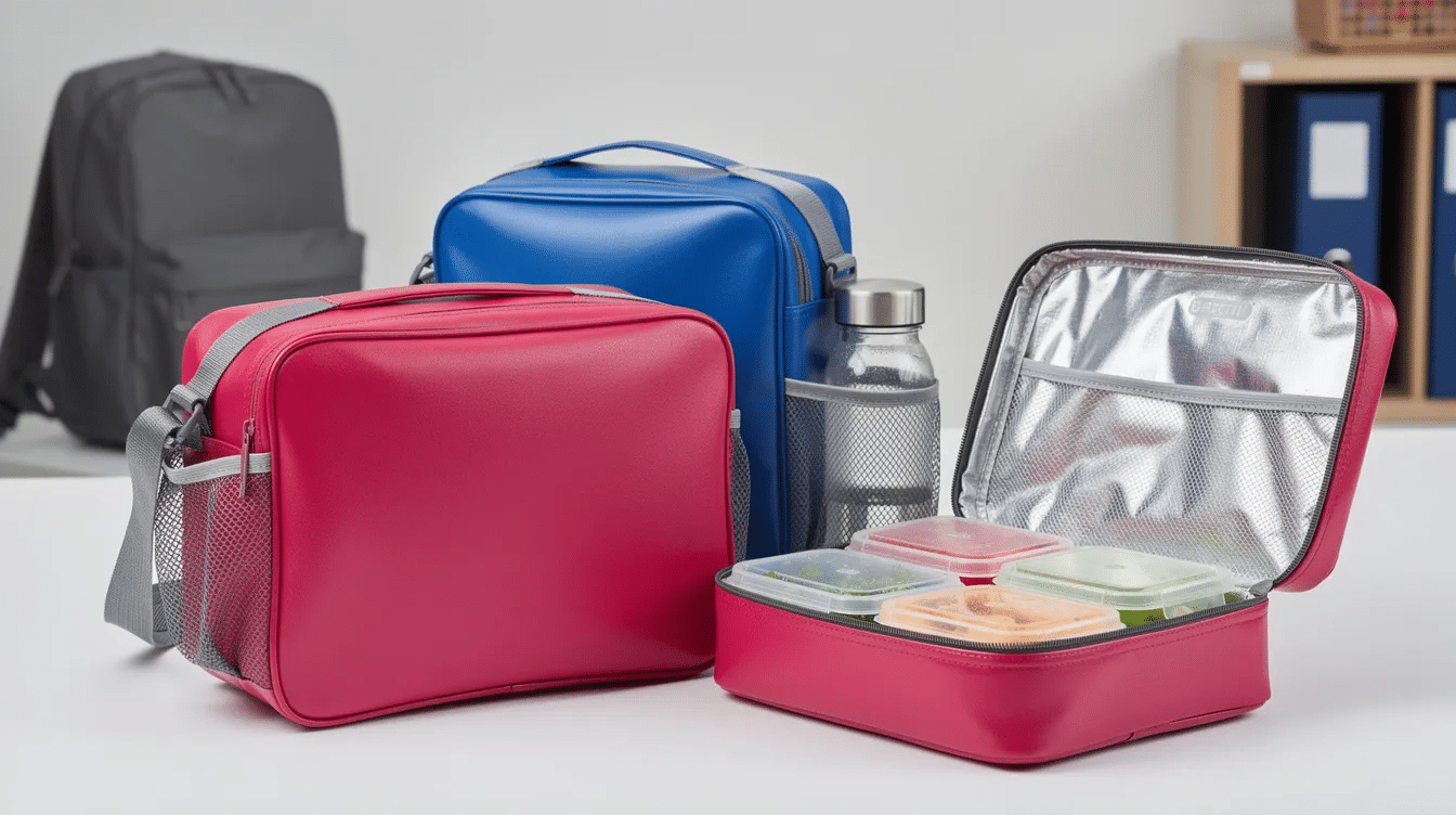 38e3a54d-a4b3-4fb4-aaf3-c374b25d93d0 The image depicts a collection of insulated vinyl lunch bags, showcasing their sleek vinyl exterior and foam insulation designed to keep meals fresh and cool. Some bags feature dual side mesh pockets for added convenience, perfect for holding water bottles or snacks while on the go.