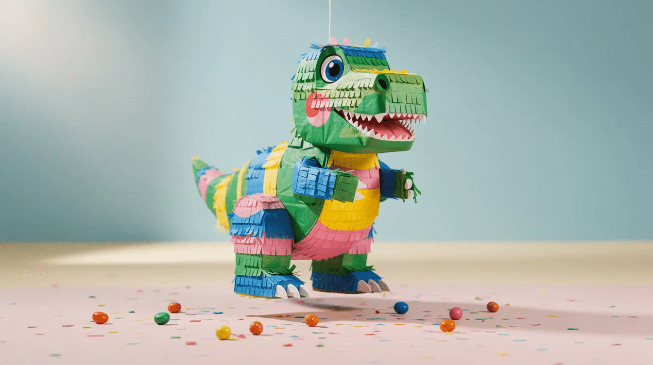 A colorful dinosaur piñata, designed for parties and events, hangs from a string, ready to be filled with candy for kids to enjoy. The piñata features vibrant scales and playful details, making it a fun addition to any celebration.