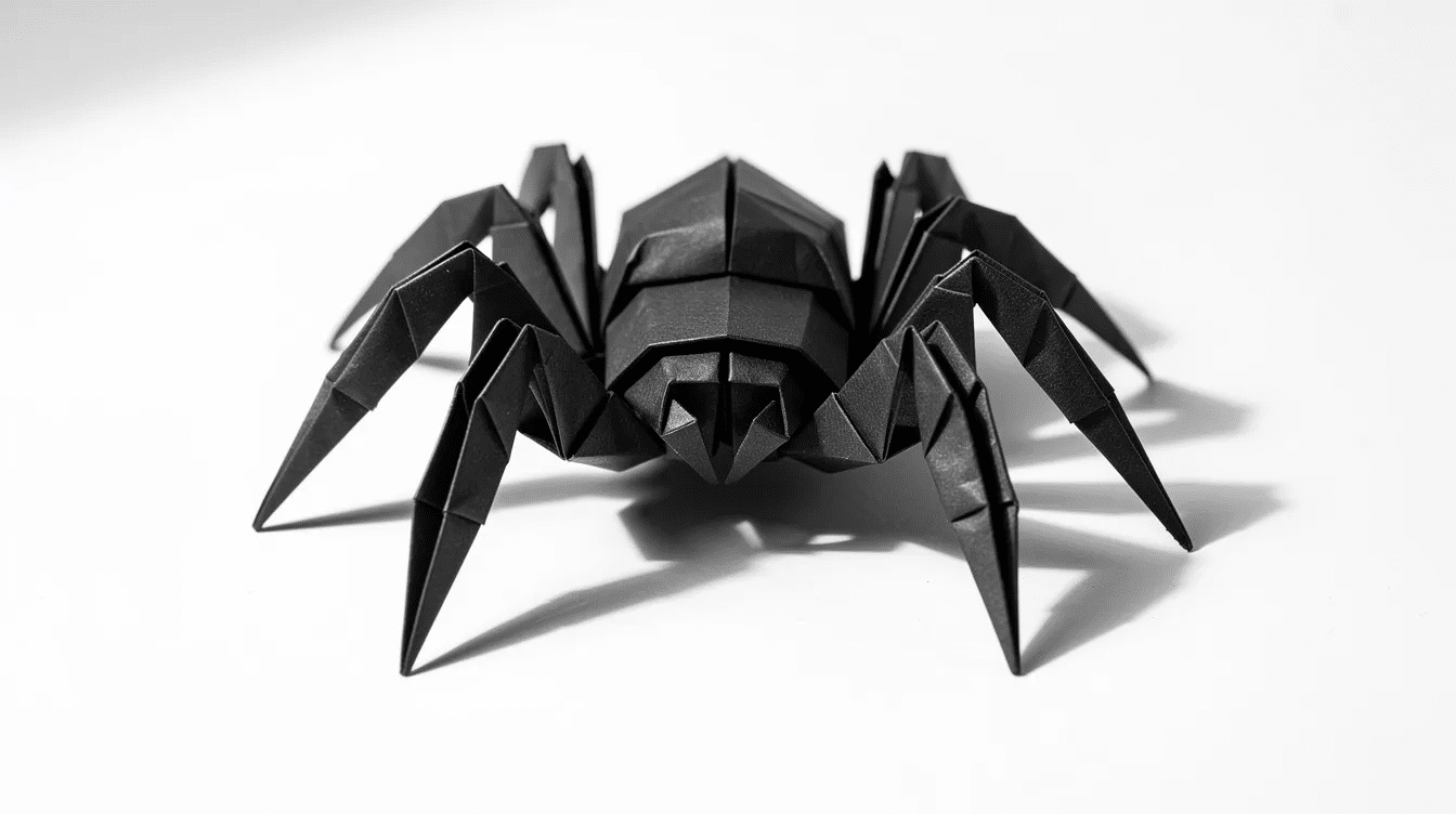 3b46c49c-8447-446b-8693-9152230a59ee The image features a meticulously crafted black origami spider with eight intricately folded legs, resting on a clean white surface. This delicate piece showcases the art of origami, highlighting the beauty of paper folding.