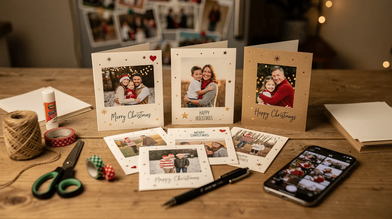 3ba0192c-1af3-48dc-8d81-5775bd89b1ea The image showcases a collection of personalized holiday cards made from smartphone photos, creatively decorated with colorful cardstock, decorative ribbons, and festive accents. These unique Christmas crafts capture cherished memories and make thoughtful keepsakes that families can display during the holiday season.