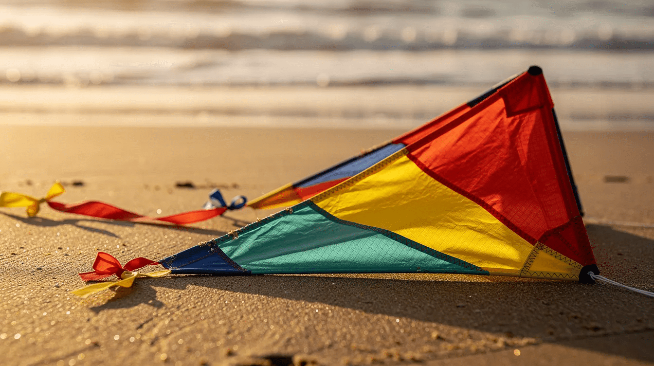 3c1cdc25-987b-4991-8c9a-28d08891d50c A colorful fabric kite made of durable ripstop nylon is soaring high in the sky, its kite tail fluttering gracefully in the wind. The kite features a lightweight frame constructed from wooden dowels, showcasing a fun design that captures the joy of flying kites.
