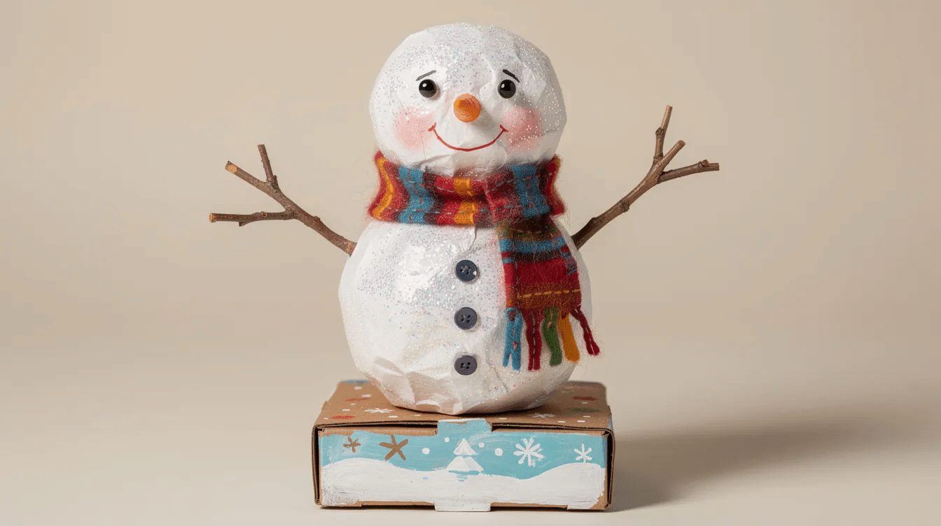 3dd71552-06c5-4916-8f82-ff0c258a2e10 The image features a colorful paper mache snowman adorned with an orange carrot nose, glitter accents, and a cozy felt scarf, standing on a painted cardboard base with twig arms. This festive creation showcases the charm of a homemade holiday project, perfect for kids to enjoy during Christmas.