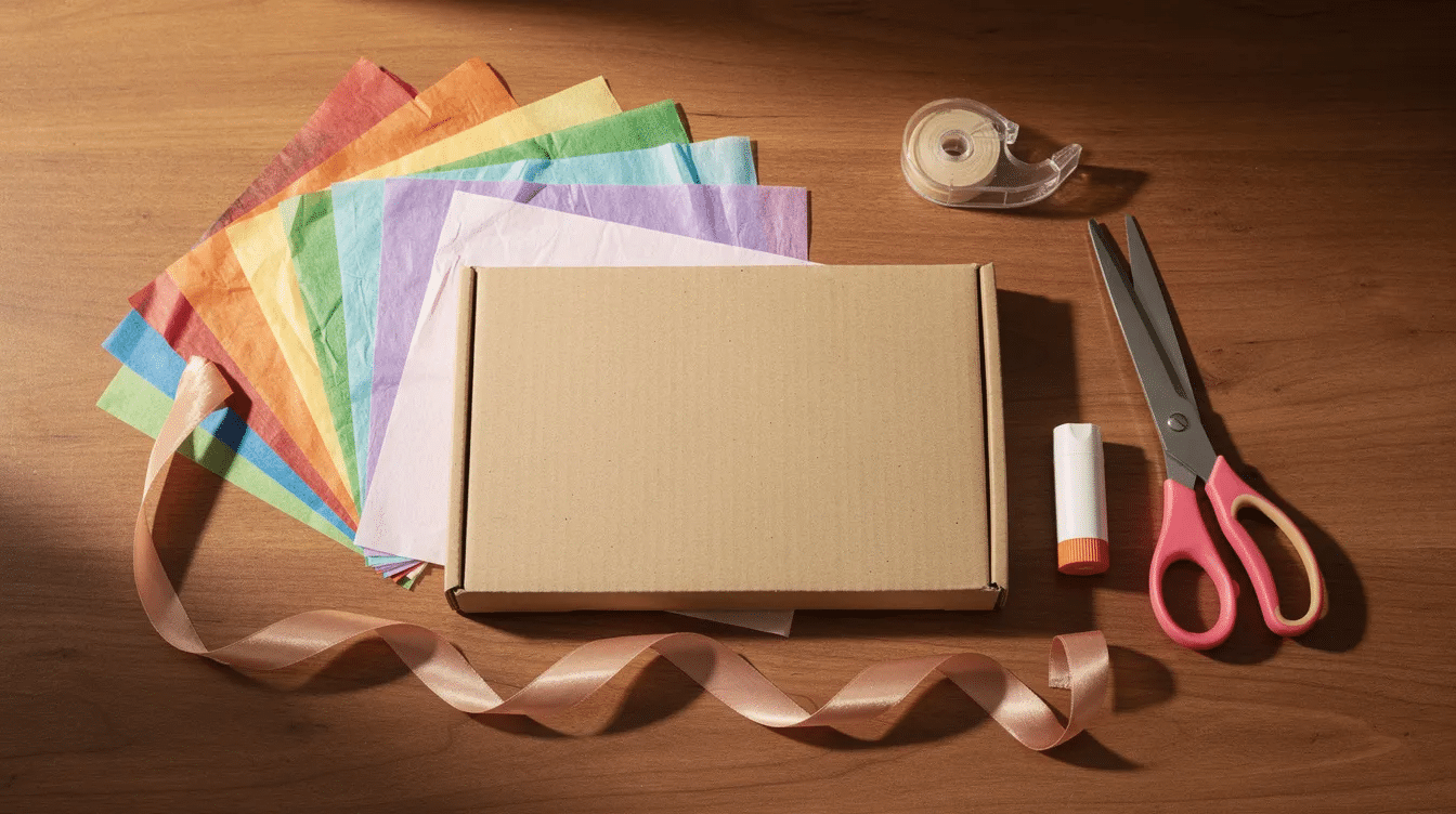 3e24204c-c40d-43c5-9d10-850903a79401 A wooden table is covered with an array of craft supplies, including vibrant sheets of tissue paper, scissors, tape, a glue stick, ribbon, and a flattened cardboard box, all of which could be used to create a colorful mermaid tail piñata for a party. This setup provides inspiration for kids to fill the piñata with candy and goodies for a fun celebration.