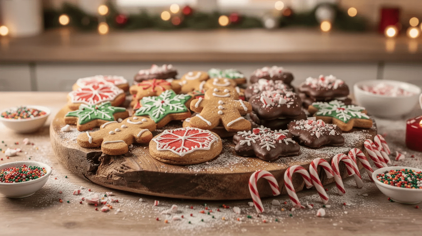 3e729ac7-50df-4d8f-affb-b512ade0a17f The image features a festive kitchen counter adorned with an assortment of holiday cookies and treats, including chocolate chip cookies and gingerbread, beautifully arranged on a wooden board alongside colorful candy canes and sprinkles, perfect for last minute Christmas baking. This delightful display captures the essence of the holiday season, inviting friends and family to indulge in these sweet creations.