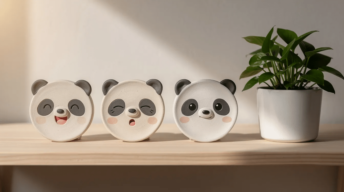 3e7b03e8-9e67-4dbb-b79c-cb1d9ca29123 Four adorable clay panda plates, each showcasing a unique expression, are neatly arranged on a wooden shelf alongside a small potted plant, inviting viewers to discover their charming details. The durable polymer clay design adds a playful touch to the display.