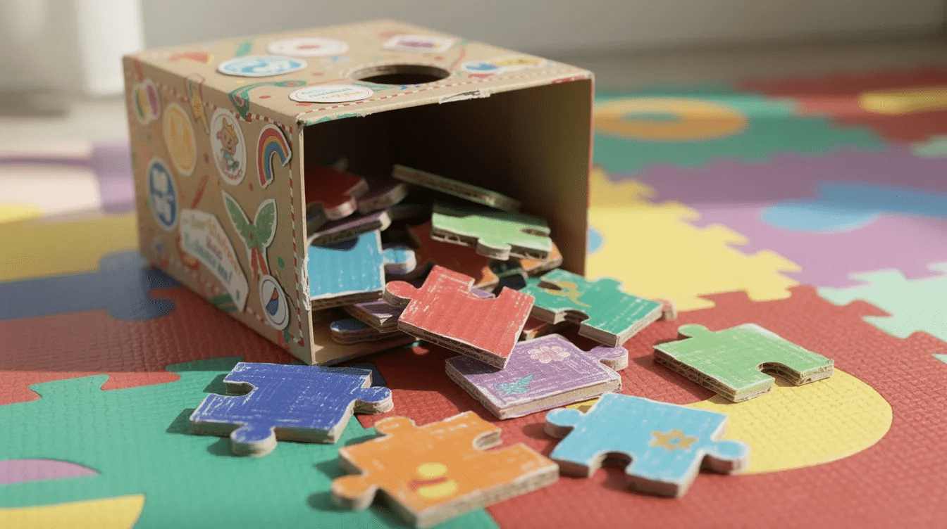 3e7d8092-7d8c-4f01-9c88-40a98f5f2010 A small, decorated cardboard box is overflowing with colorful handmade puzzle pieces, scattered across a vibrant play mat, inviting creativity and fun for family game nights. This custom jigsaw puzzle showcases personalized designs, perfect for capturing favorite memories and engaging kids in an interactive activity.