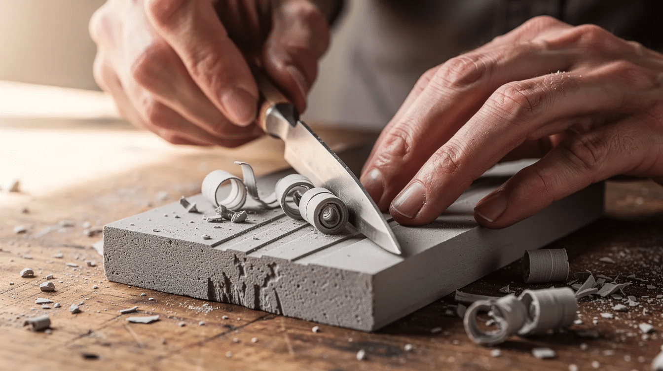 3ea167de-8abf-44a5-8671-7fa83ee56442 A close-up view of adult hands skillfully using a small carving tool to create intricate designs in a soft grey lino block resting on a wooden table, showcasing the traditional lino printing technique. The image highlights the careful carving process essential for making linocuts, emphasizing the smooth surface and texture of the material.