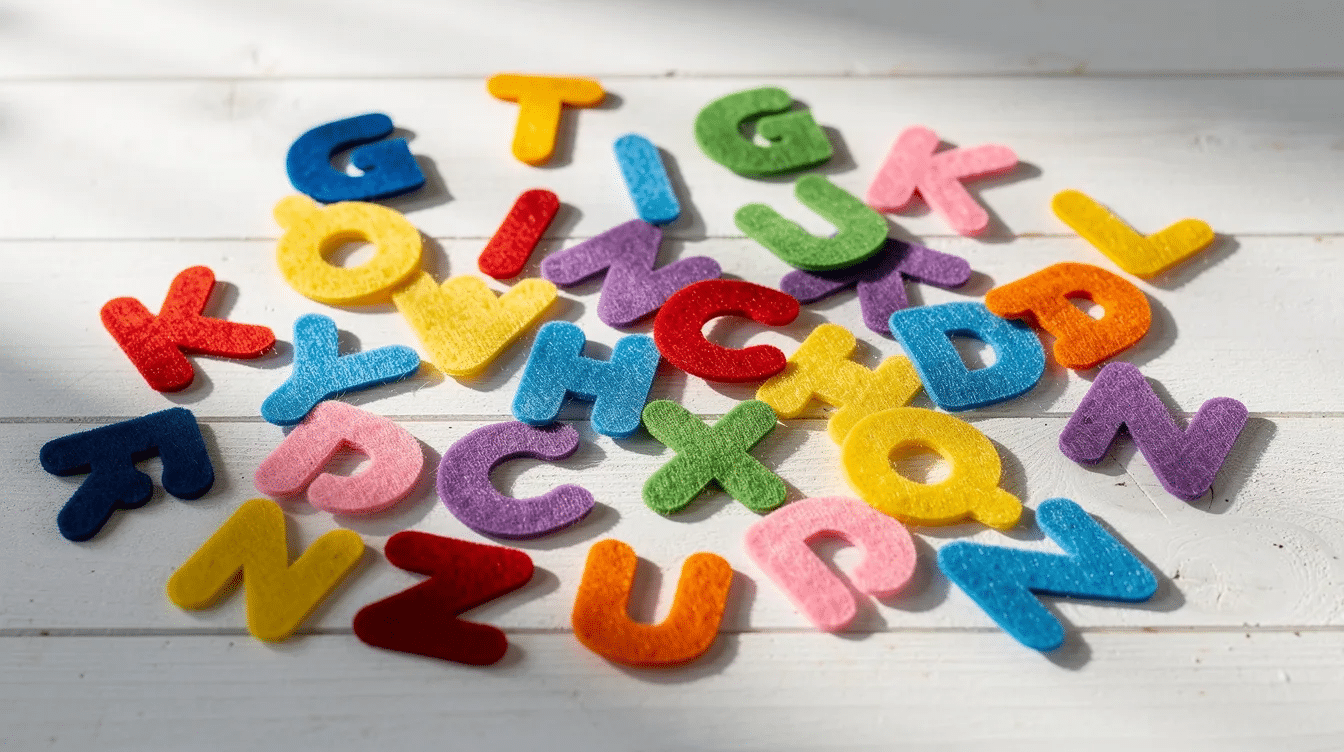 3ededa55-5b13-4a15-b963-bcc2ed996b9d A collection of colorful handmade felt letters in various bright hues is spread across a white wooden table, showcasing the vibrant felt alphabet letters perfect for craft projects and educational play. Each lowercase letter features unique shapes and patterns, inviting creativity and fun in spelling words.
