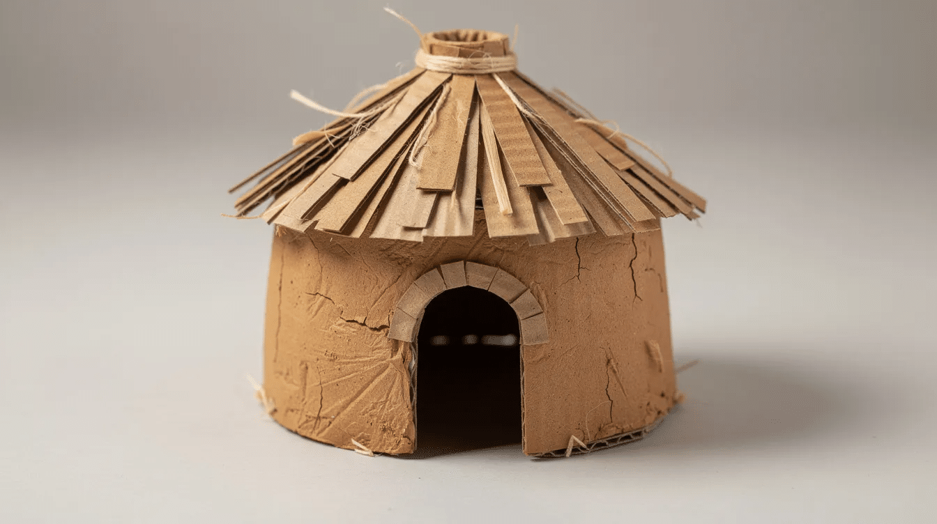 3f92f4d9-01f9-4b31-a348-9fee9961f88e The image features a miniature cardboard model of an African mud hut, showcasing its round shape and mud walls, which are inspired by traditional architecture found across the African continent. The structure includes a thatched roof and a small door, reflecting the use of local materials and the creative ideas that symbolize the homesteads of various African countries.