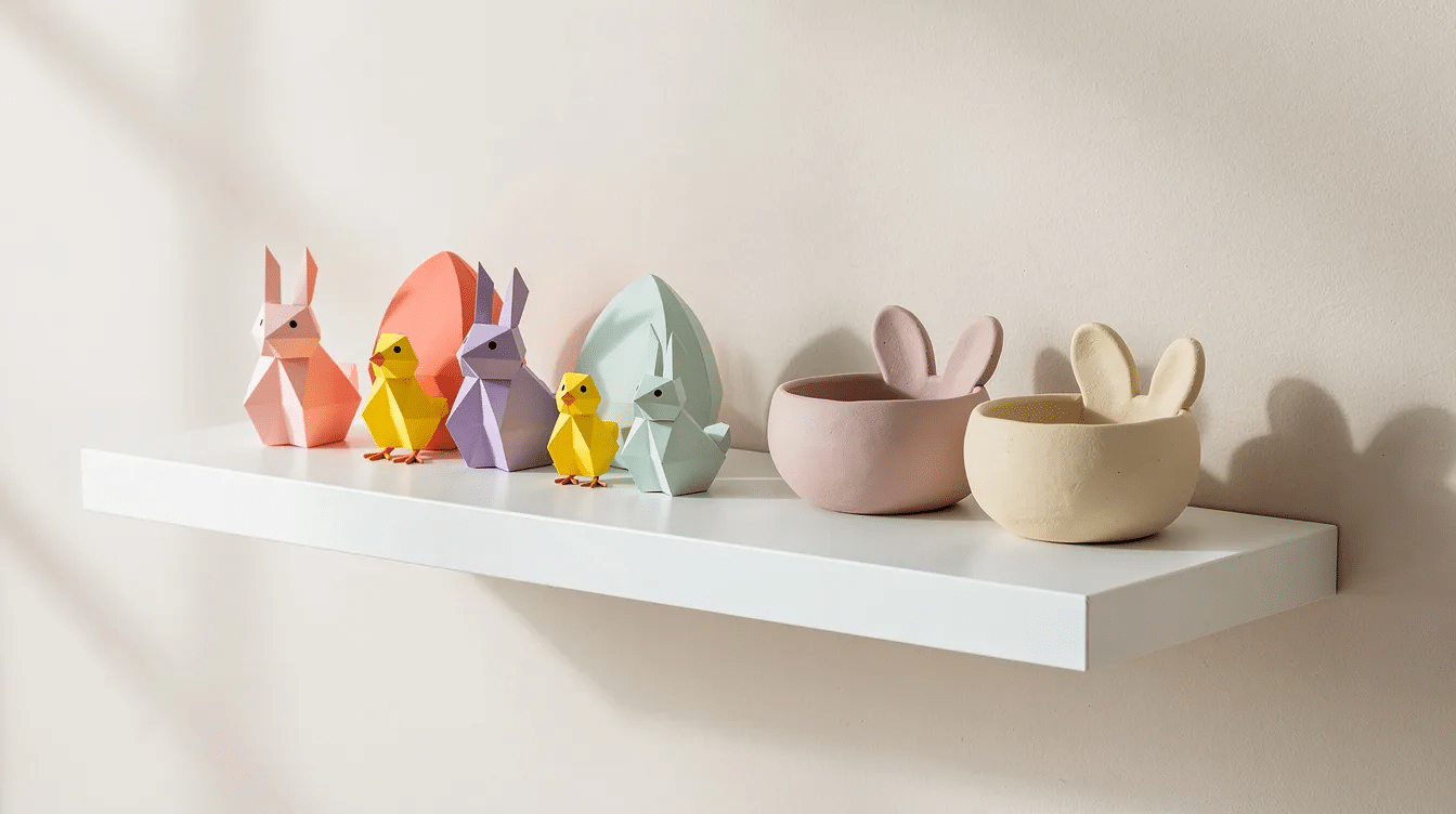 3fa0c364-b562-494d-81f0-d3064d7e195c The image features minimalist paper origami Easter decor, including folded paper bunnies, geometric chicks, and angular Easter egg shapes, all displayed on a shelf alongside trendy DIY clay bunny bowls. The soft pastel color palette adds a modern touch to the Easter season, showcasing adorable Easter crafts that are perfect for decorating and celebrating the holidays.