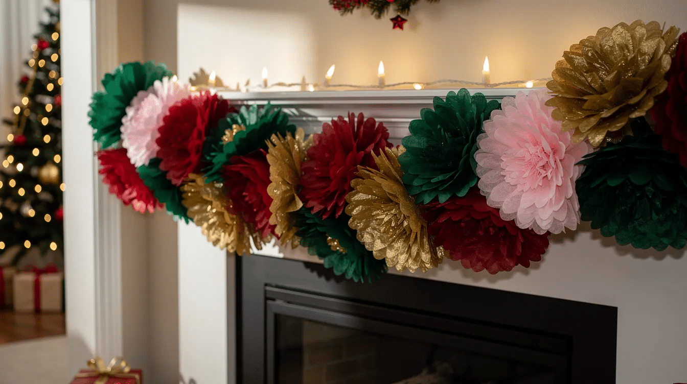 4116b102-c814-4279-bde3-eeb9db2a7d3c A vibrant tissue paper flower garland stretches across a mantel, showcasing a colorful array of blooms, perfect for enhancing holiday decorations. This DIY project adds a festive touch to your Christmas tree area or doorway, making it an inexpensive and creative way to celebrate the holiday season.