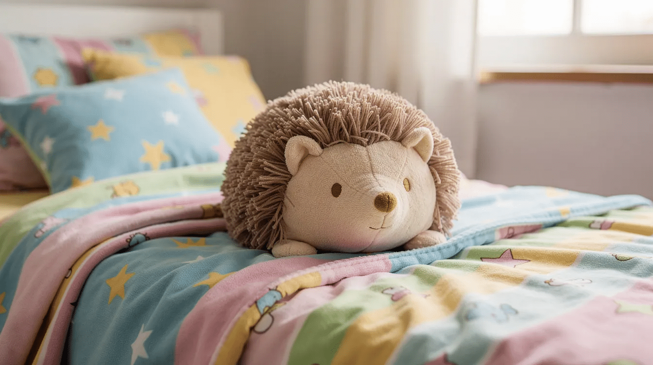 4210d4a2-3e50-4665-ab1a-771242f86bf3 A cute, soft plush hedgehog-shaped pillow in brown is resting on a child's bed adorned with colorful blankets, creating a fun and adorable atmosphere in the room. The pillow adds a touch of charm and comfort, perfect for inspiring imaginative play and cozy moments.