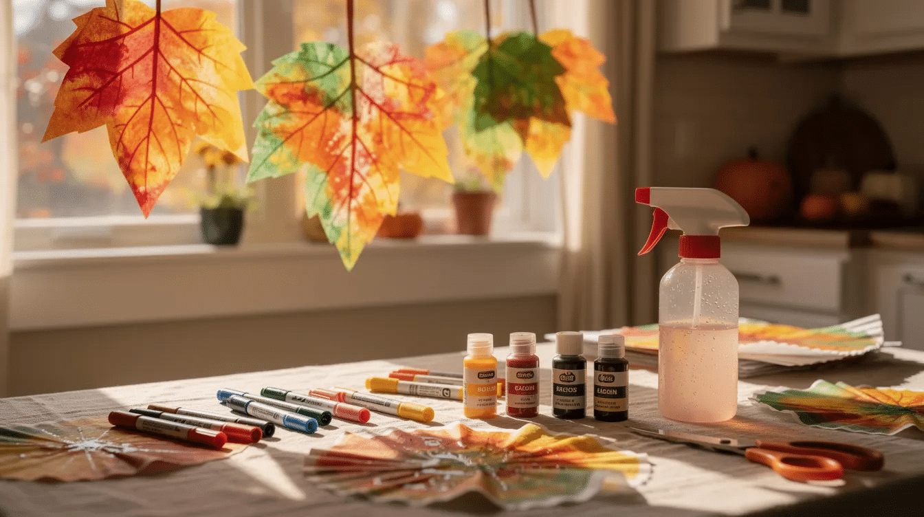423eab7f-d812-41a6-8814-4b27021c8bca The image shows colorful coffee filter leaf sun catchers, created by dropping food coloring onto damp coffee filters, allowing the colors to blend before cutting them into leaf shapes. These vibrant, autumn-inspired crafts are hanging in a window, showcasing the fun fall craft activity that enhances fine motor skills for young kids.