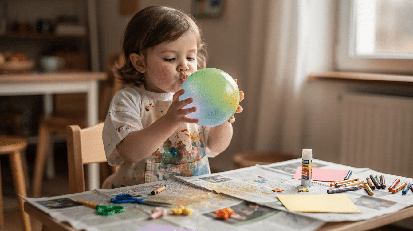 4267a945-2fdd-4260-b4f9-1e6f67c08cff A young child wearing an apron sits at a craft table covered with newspaper, joyfully blowing up a balloon as part of a project to create a paper mache snowman. The table is filled with craft supplies, hinting at a fun and creative activity.