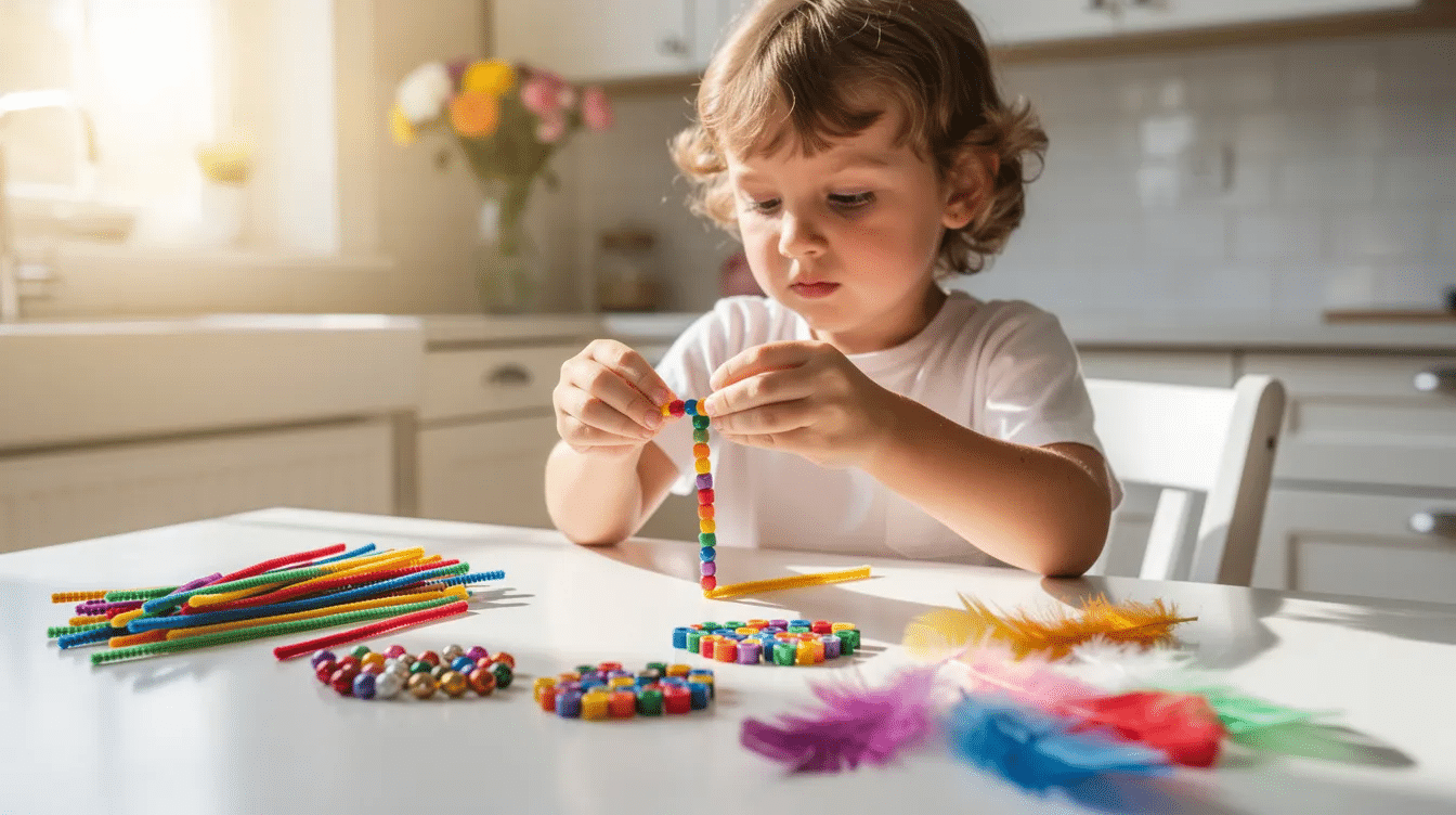 43c4267a-0d8b-4138-993a-a4e9fdb1c844 A young child is sitting at a bright kitchen table, surrounded by colorful pipe cleaners, pony beads, and craft feathers as they work on creating a mini pipe cleaner dreamcatcher. The vibrant materials are spread out in front of them, inviting creativity and imagination.