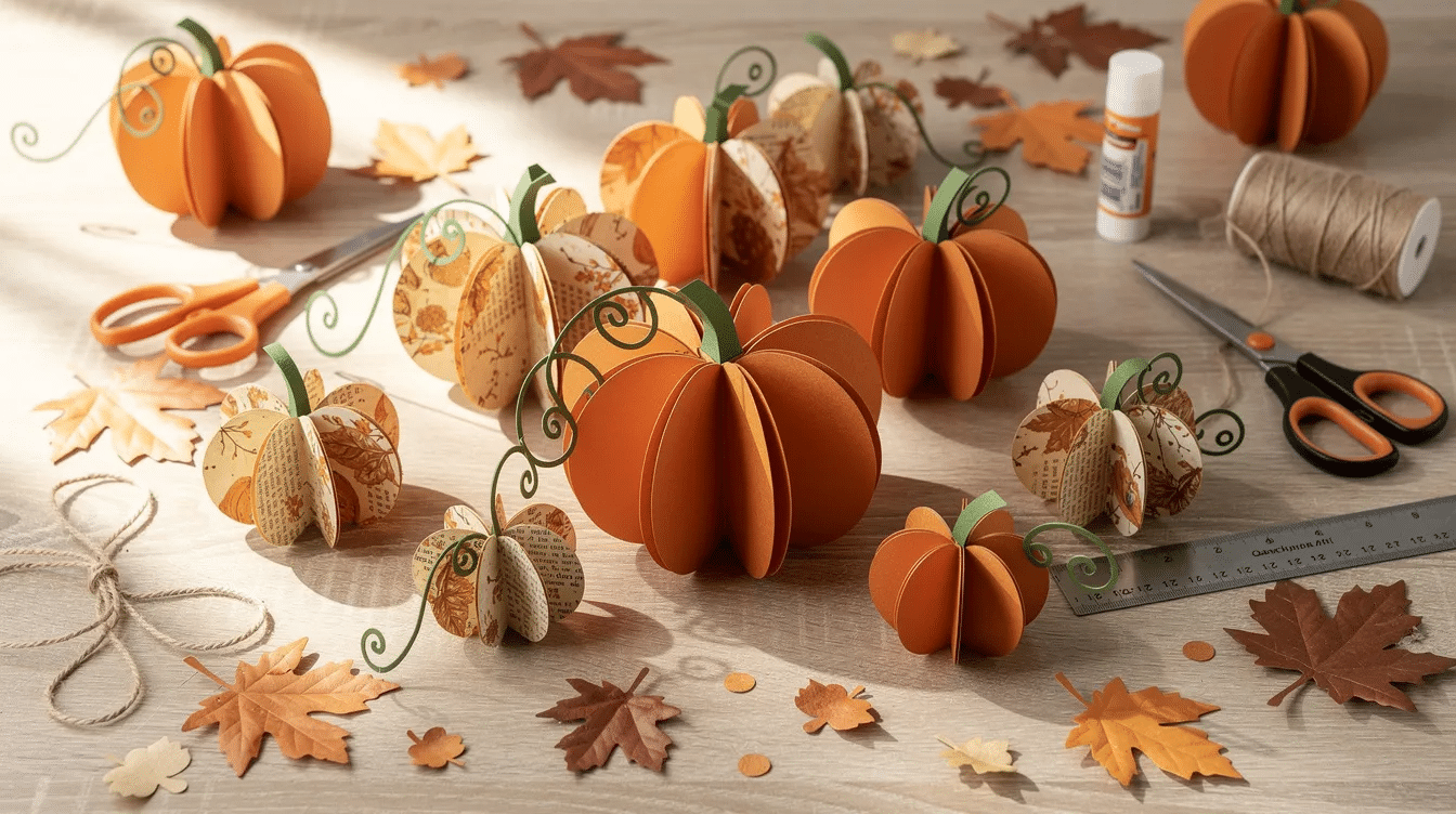 43c61b52-3419-4cd7-a3d9-62d102e60fb3 The image features a variety of adorable paper pumpkin crafts, perfect for Halloween decorations. These easy paper Halloween crafts showcase vibrant colors and creative designs, making them a fun activity for kids and a great way to celebrate the spooky season.