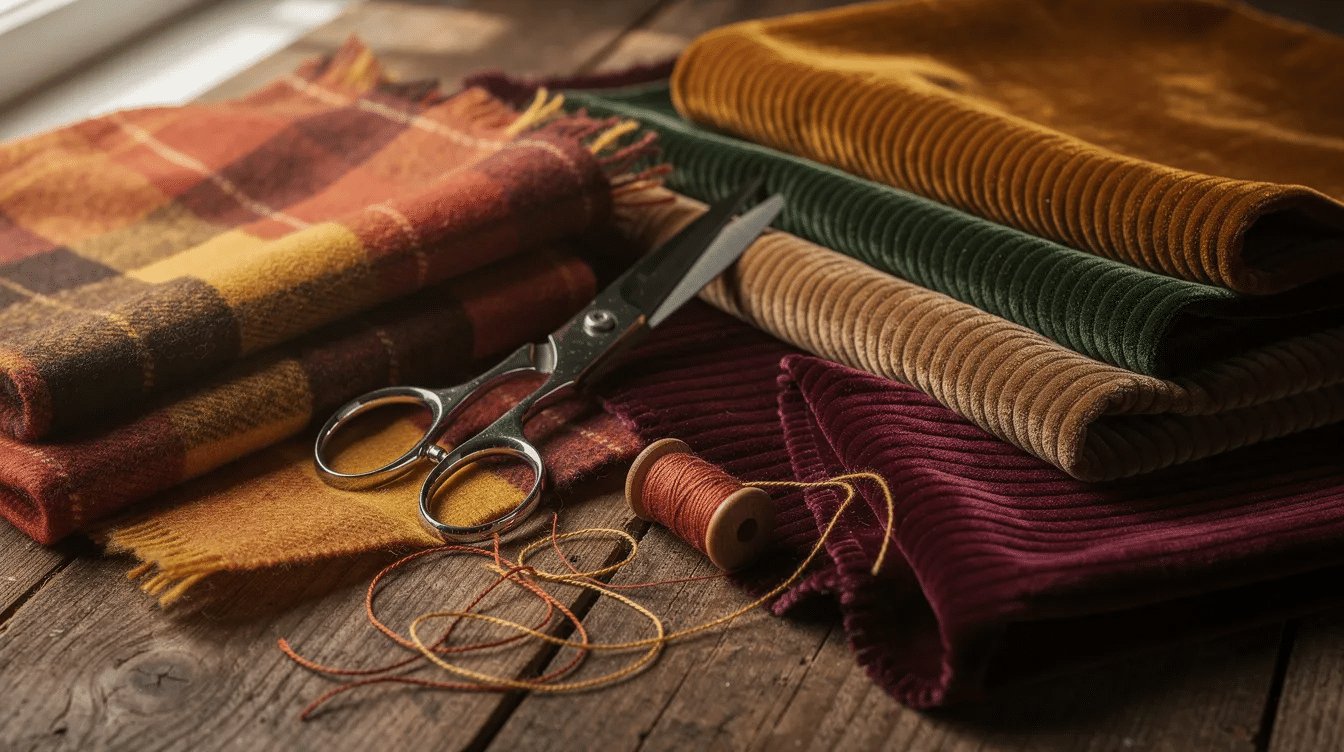442d76b4-e662-41b5-8948-90a2d8d55b3a An assortment of autumn-colored fabrics, including plaid flannel, corduroy, and velvet, is neatly arranged on a wooden table alongside scissors and thread, perfect for fall sewing projects. The warm textures and vibrant colors inspire ideas for creating cozy items like table runners or placemats.