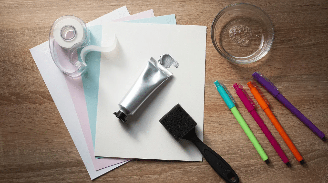 44a5dad2-46e2-4efc-ac55-6fc532eaa9f0 A flat lay of various craft supplies is displayed on a kitchen table, featuring silver acrylic paint, clear tape, cardstock, a foam brush, dish soap, and colorful pens, perfect for creating DIY scratch off cards and other fun projects. The arrangement showcases the tools and materials needed for engaging classroom activities or party games.