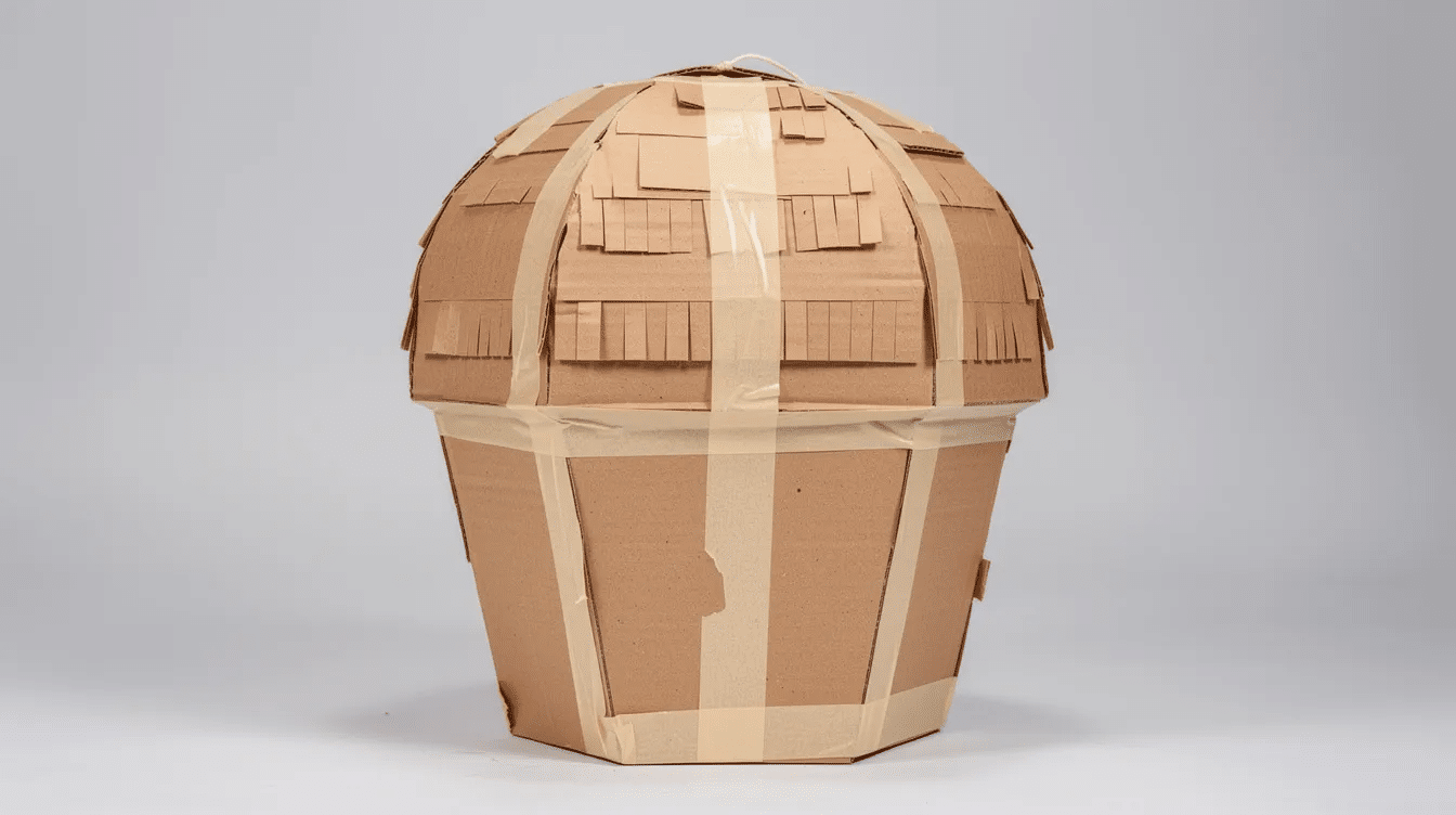 44bd3005-adff-4a64-9f33-3ff1c78afabc The image shows a side view of a half-built cardboard cupcake piñata, featuring a trapezoid base and a dome top that are connected with masking tape. This colorful project is a fun way to create a piñata that looks like a giant cupcake, perfect for a party filled with surprise and sweets.