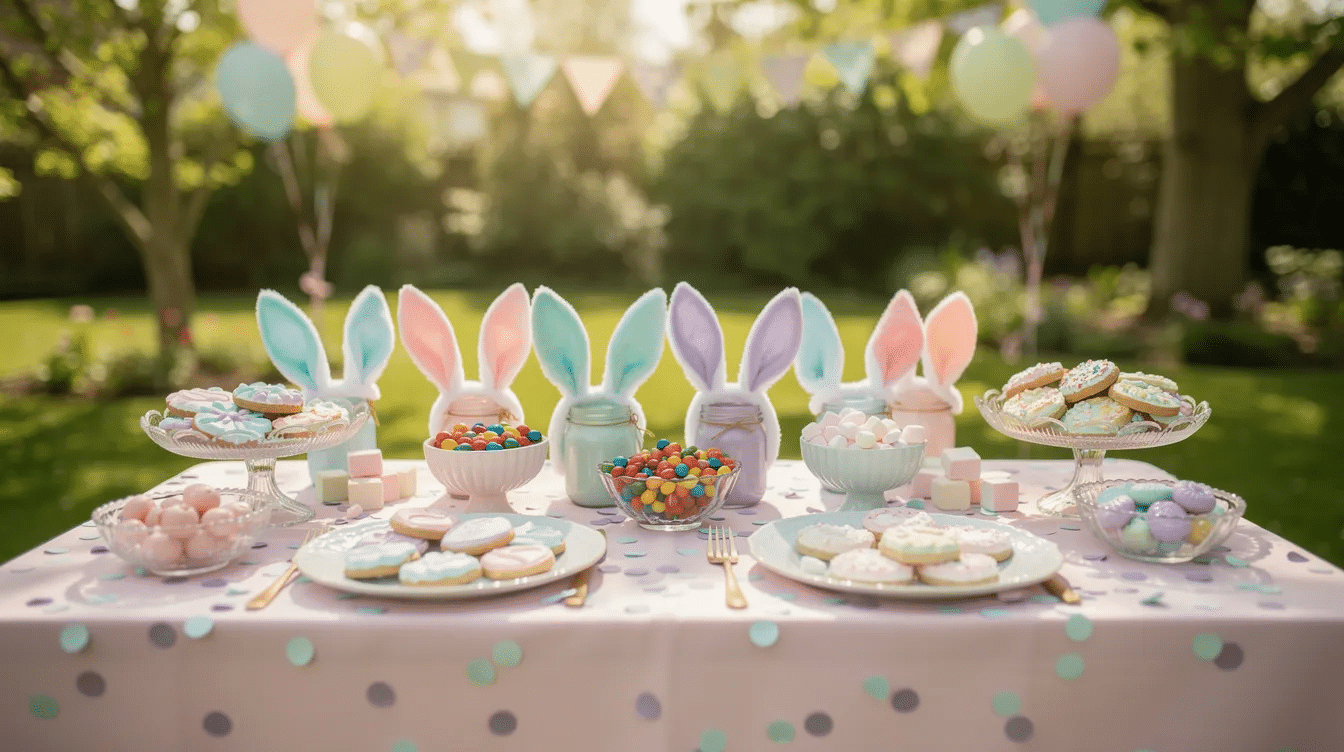 The image depicts an outdoor party table adorned with pastel decorations and bunny ears, surrounded by bowls of colorful treats under a bright sun, perfect for an Easter theme party. A giant carrot piñata hangs above, adding a festive touch for the kids and multiple guests enjoying the fun atmosphere.