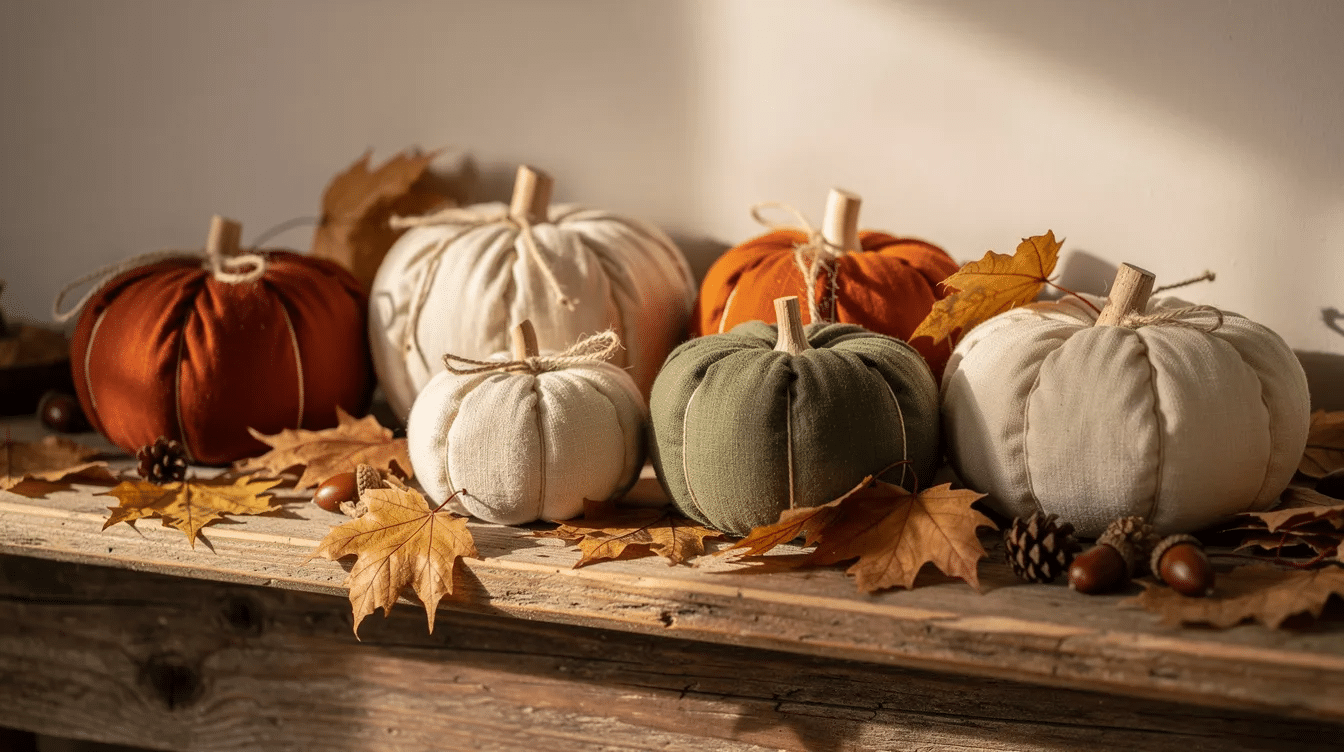 45861f44-c8f1-4d79-8ef3-26eb17609bbf A charming display of several handmade fabric pumpkins in warm rust, cream, and olive colors is arranged on a rustic wooden mantelpiece, surrounded by dried leaves, creating a cozy fall atmosphere perfect for seasonal home decor. These pumpkins showcase different textures and are part of fun sewing projects for fall that inspire creativity and warmth.