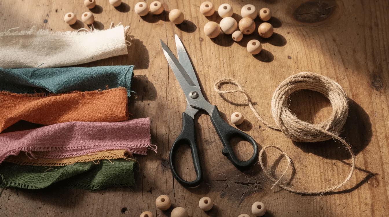 45871b51-e1ad-44b4-9522-e6d4e8f688c8 A wooden table is covered with various craft supplies, including colorful fabric strips, scissors, twine, and wooden beads, perfect for creating a DIY fabric garland. This setup showcases all the essentials needed for a fun and creative project, ideal for decorating your space during the holidays.
