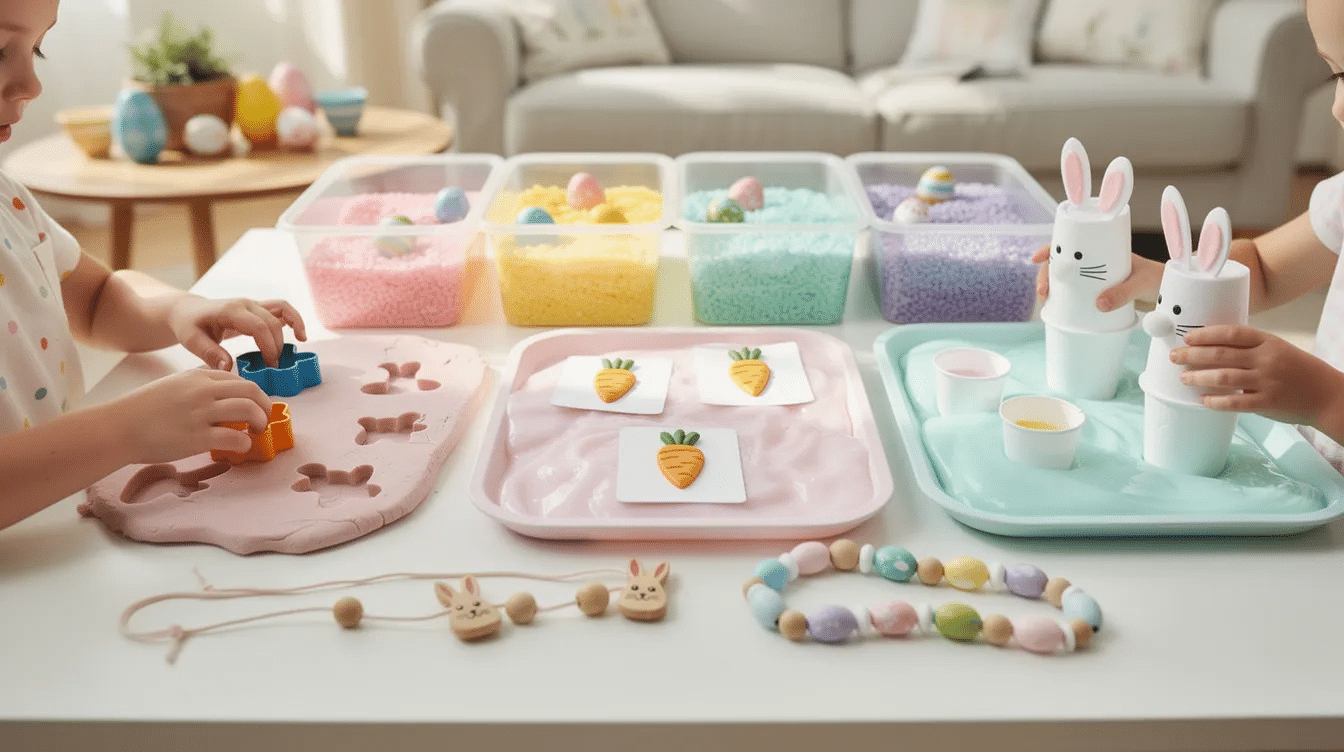 45f3c5ed-c4f8-42bf-9a08-9c78d63fd7e6 The image showcases a delightful Easter sensory play setup, featuring vibrant dyed rice in a bin, small hidden Easter egg shapes, and cookie cutters in the shapes of bunnies and carrots. Kids can engage in adorable Easter crafts by using their fingerprints to create carrot shapes for cards and transforming foam cups into cute bunny figures, all while enjoying the festive atmosphere of the Easter season.