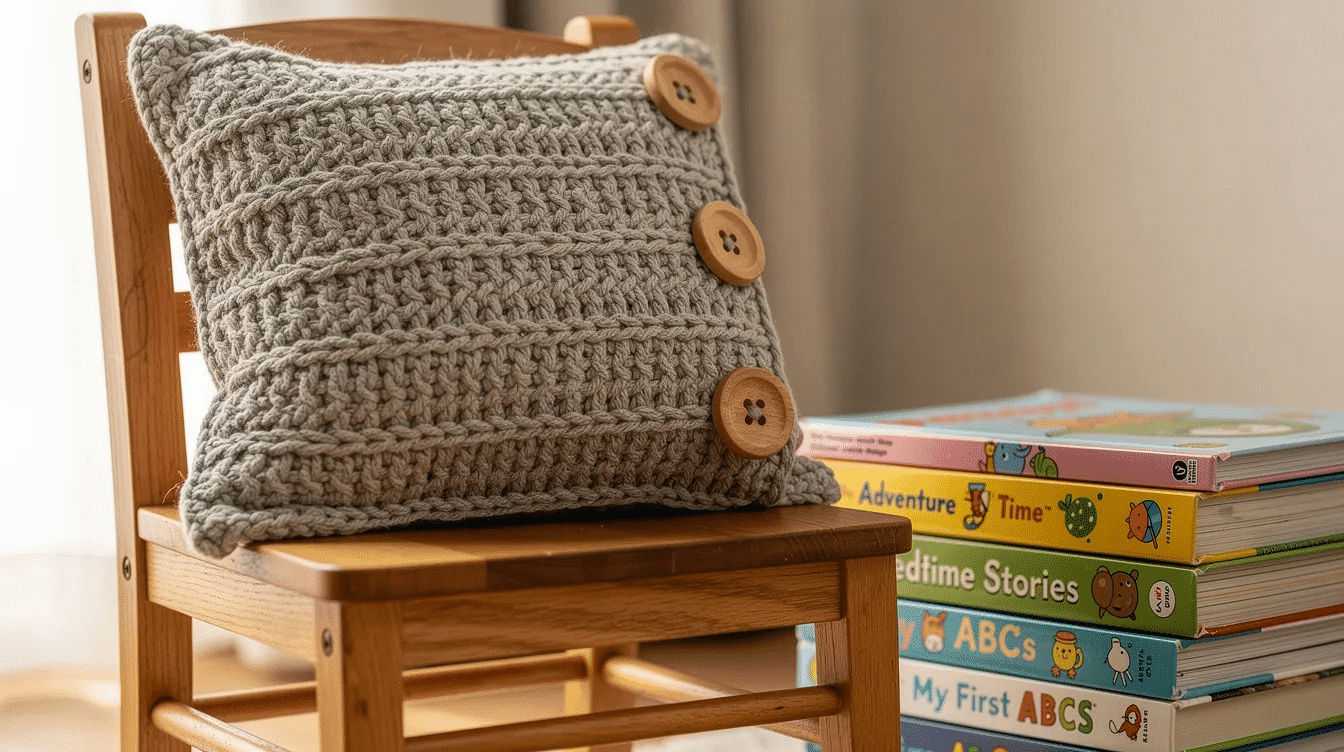 463505c1-1265-4ffb-a6f9-58f0f5349d48 A cozy knit cushion with visible buttons rests on a child's wooden reading chair, surrounded by a stack of colorful picture books, creating a perfect spot for nap time crafts and learning activities. This inviting scene encourages creativity and comfort for little ones.
