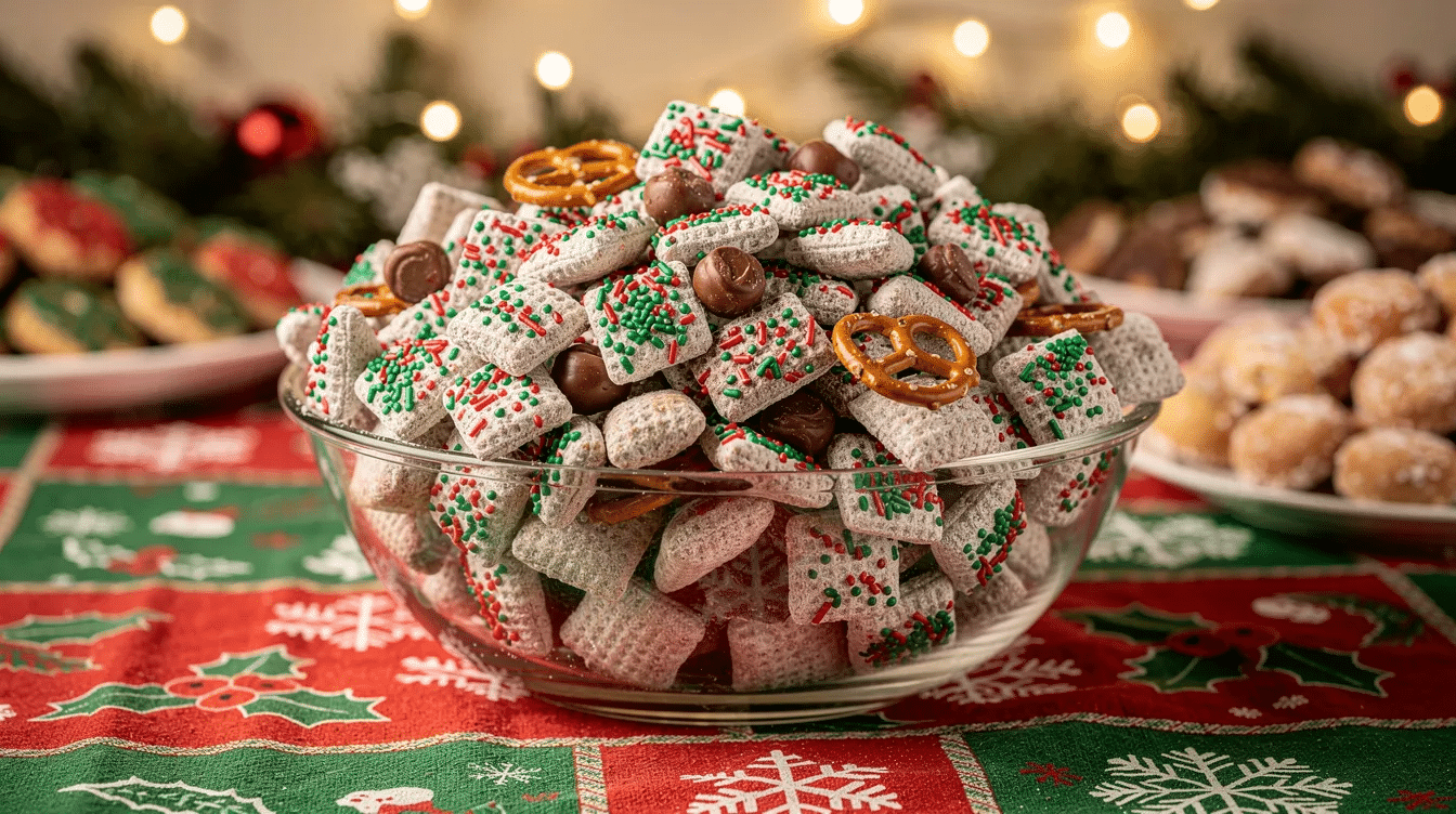 46908a42-9236-40fd-bd11-797784ca8a22 A large bowl filled with festive puppy chow snack mix, featuring chocolate chips and colorful red and green sprinkles, sits invitingly on a holiday tablecloth, perfect for indulging during the Christmas season. This super easy treat is ideal for last minute Christmas baking and sharing with friends and family.