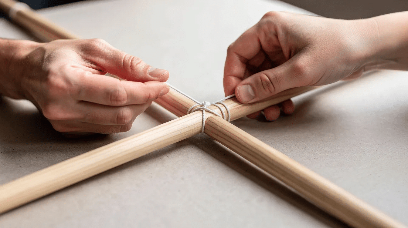 47a91d1f-7aac-4bca-bc3f-bb2c47288279 A close-up photograph shows the hands of an adult and a child carefully tying string tightly around a wooden dowel cross joint, which is part of a kite frame. The focus is on the intricate knot being formed, emphasizing the collaborative effort in creating their own kites using durable materials like ripstop nylon and other supplies.