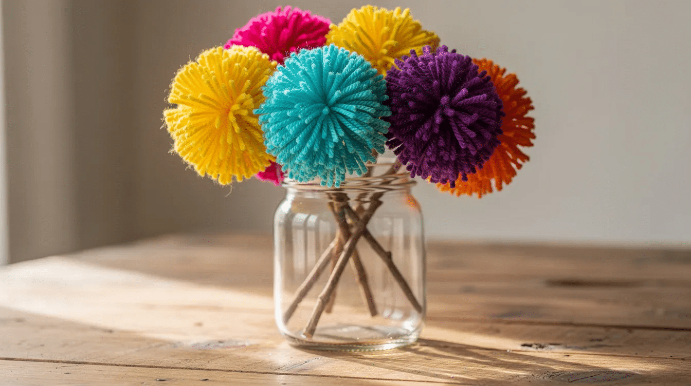 48bb2ac5-23e7-4584-b3bb-32361388aad5 A glass jar filled with colorful handmade yarn pom pom flowers is placed on a wooden table, creating a cheerful and artistic bouquet. The variety of vibrant colors adds a touch of spring to the scene, making it a delightful craft idea for decoration.
