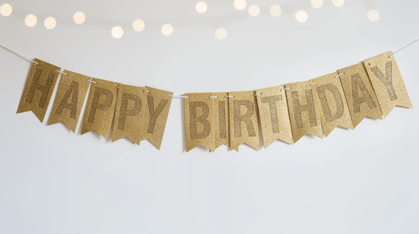The image features a vibrant glitter birthday banner that spells out