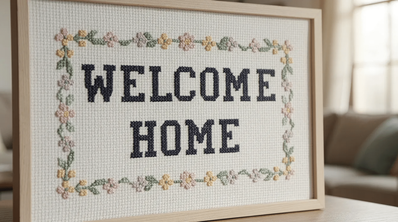4924f065-f927-46e4-b7f5-f6f9b6d1e9f8 The image features a giant cross stitch sign, showcasing a vibrant and intricate cross stitch pattern on fabric, with various colours and symbols that highlight the craft's artistry. Tools such as needles and threads are visible, emphasizing the detailed work involved in creating this large cross stitch project.