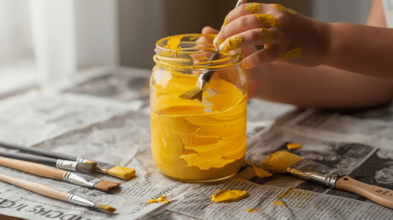 49855448-9423-4330-986e-ae71fbfea567 A young child's hands are joyfully painting a glass jar bright yellow on a newspaper-covered table, with colorful paintbrushes scattered nearby, creating a fun and creative atmosphere. This playful scene captures the essence of kids learning and expressing their creativity through art.