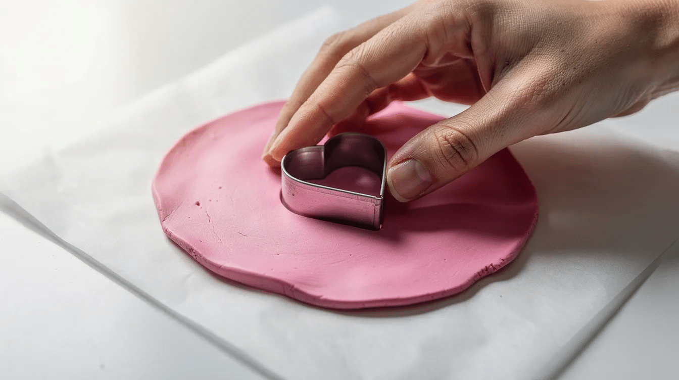 498bc1f4-3385-4d66-bda0-d55d159b0f1f A close-up view shows hands pressing a small heart-shaped cutter into a flat piece of vibrant pink polymer clay resting on parchment paper, illustrating a fun DIY project for creating unique clay jewelry pieces like earrings or charms. The scene captures the texture of the clay and the precision of the cutting technique used in crafting.