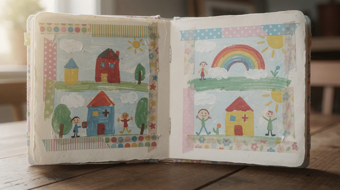 49b6d14b-9ad7-4f07-9997-700611b044c7 An open handmade scrapbook displays vibrant children's artwork mounted on cardstock pages, each bordered with colorful washi tape. This creative collection showcases the joy of kids' art and serves as a delightful keepsake for parents and grandparents.