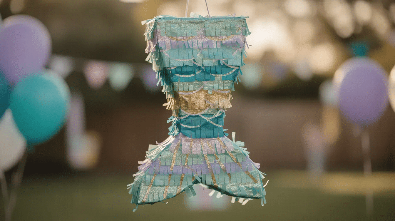 4a93b467-204b-44b0-8778-4e10ee712801 A colorful mermaid tail piñata hangs from a string, ready to be broken open at a children's party. Filled with candy and goodies, this vibrant decoration is inspired by mermaids and perfect for adding fun to any celebration.