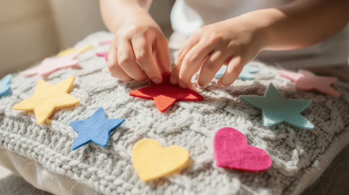 4ba62044-f206-4fee-90e4-54192b69d7b7 A child's hands are carefully arranging colorful felt stars and hearts on a knitted cushion cover, showcasing a delightful nap time crafts activity. This simple and fun project allows for creativity and learning as they create a cozy decoration for their home.