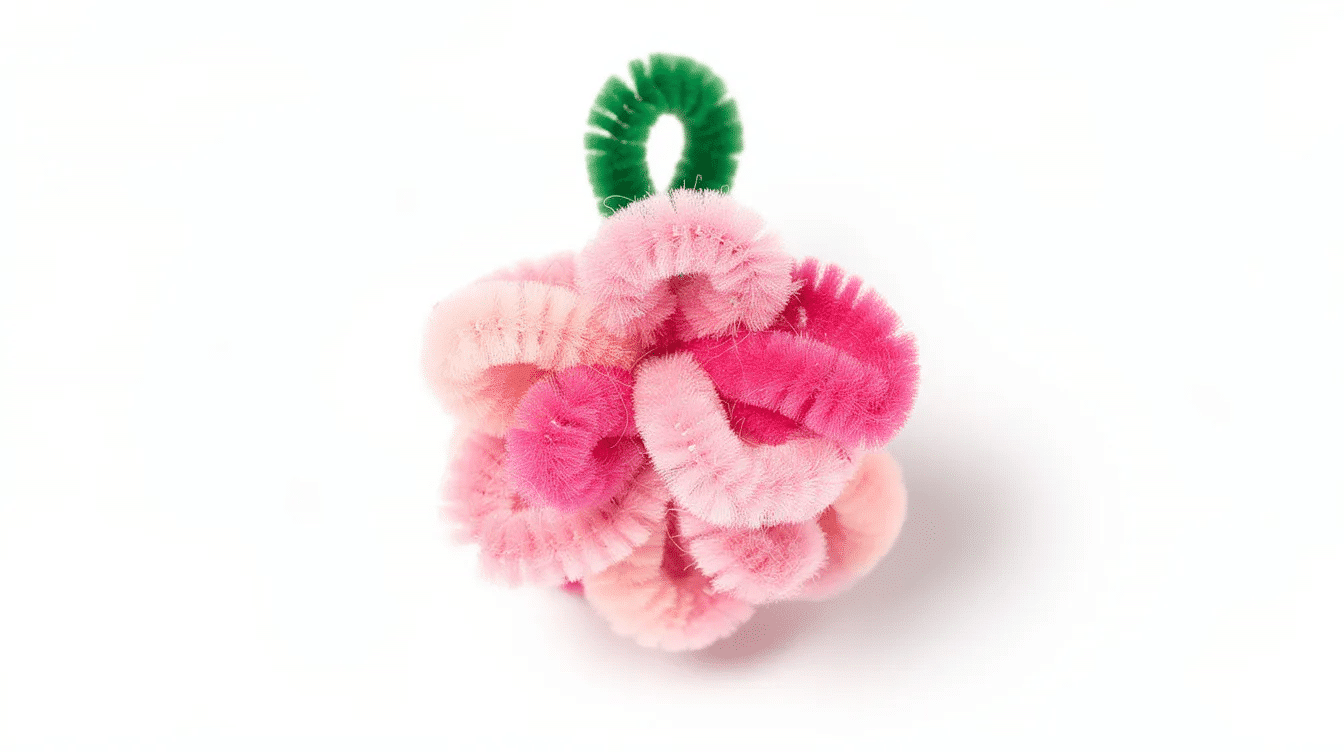 4bbd703a-9d99-4df6-8b58-04d474fb837e A close-up view of a vibrant pipe cleaner flower pendant features pink petals and a green stem, set against a white background. This colorful piece of jewelry showcases the fun and creativity involved in making pipe cleaner necklaces, perfect for kids and craft enthusiasts.