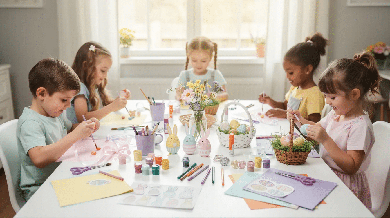 4bd0a2cf-1fb1-494f-ad6a-6ea478475e7f A group of children excitedly gather around a table filled with colorful supplies as they engage in adorable Easter crafts, creating decorations like painted eggs and festive bunnies. The atmosphere is lively and cheerful, perfect for celebrating the Easter season with fun and creativity.