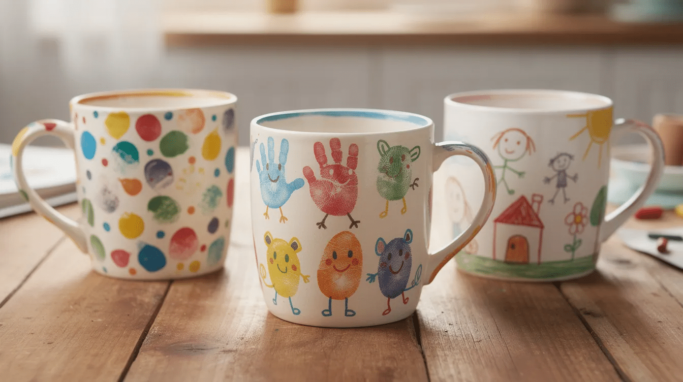 4c182877-72ad-4833-9b49-14b8c95bea22 Three colorful kids-decorated mugs are displayed on a wooden table, showcasing a variety of designs including playful dots, fingerprint animals, and simple drawings. These DIY sharpie mugs, made from inexpensive ceramic, highlight the creativity and fun of a crafting project perfect for family members or as great gifts.