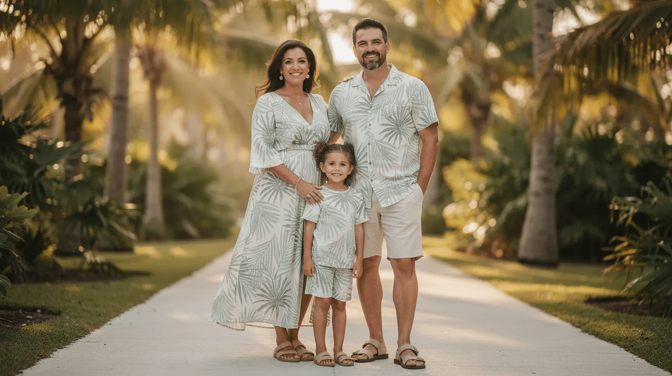 4c44fd4d-ff65-4cdf-80a7-542d215ddc9f A coordinated family set of soft t-shirts features a stylish palm leaf print, allowing everyone to meet the camera in a fun and fashionable way. The matching outfits add a refined touch to family gatherings, perfect for creating lasting memories.